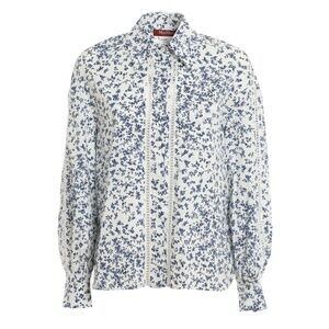Max Mara Studio US 14 Urano Floral Stretch Poplin Shirt White Blue Cotton Top